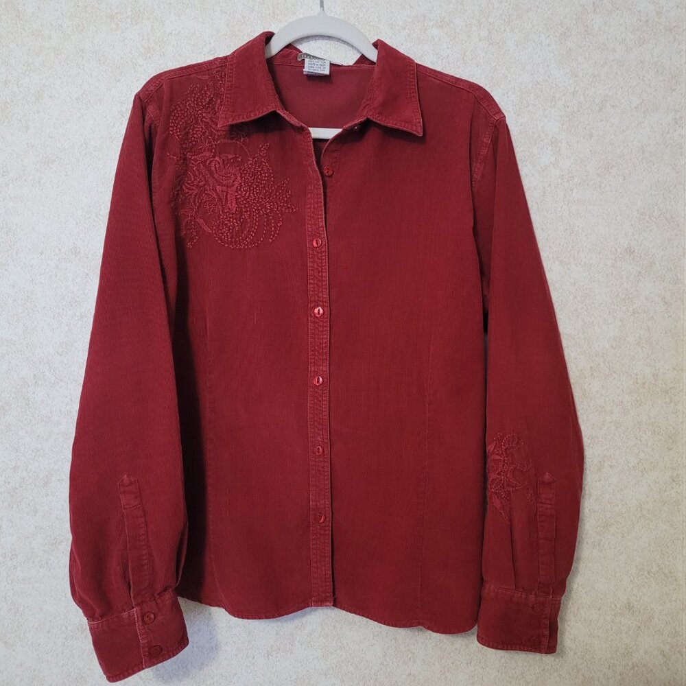 Red Embroidered Corduroy Button Shirt  Isabella Bird  Womens Size XL - Picture 3 of 15